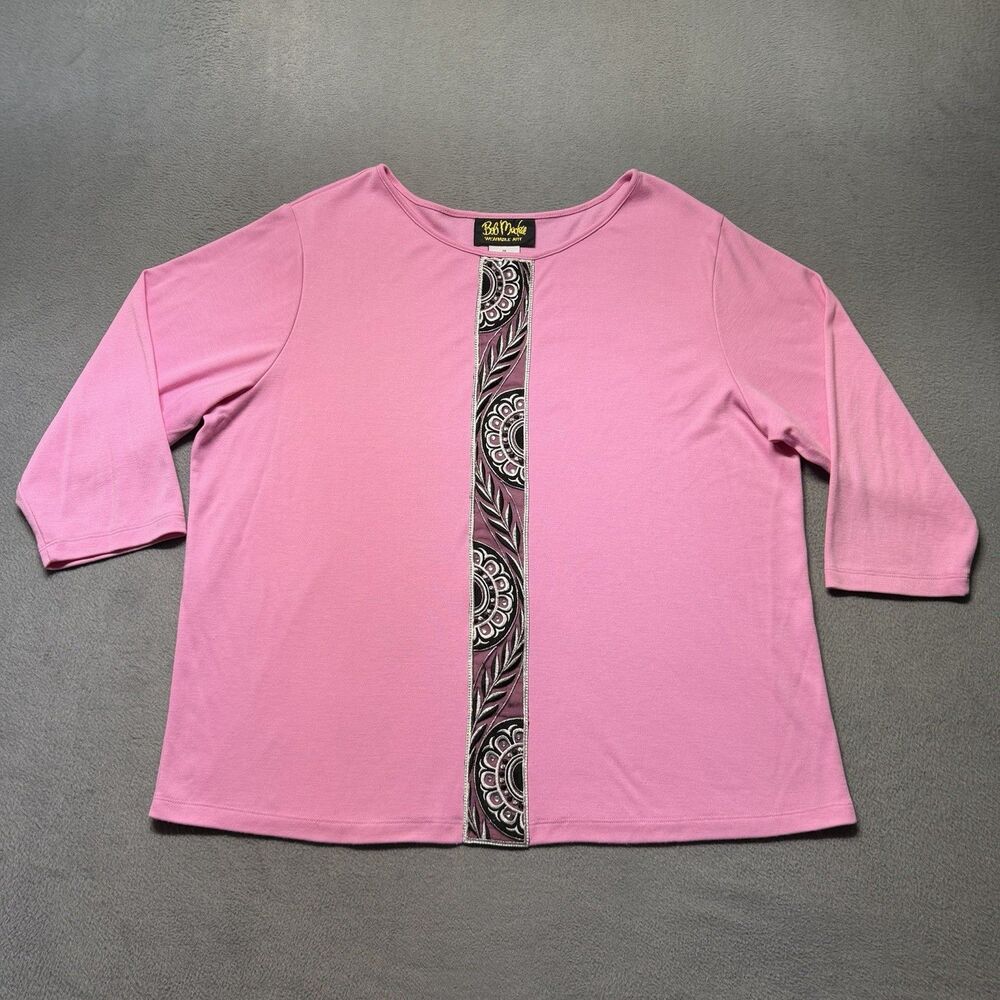 Bob Mackie Wearable Art Women’s 1X Pink Embroidered Rhinestone 3/4 Sleeve Blouse